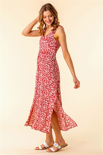 Red Ditsy Floral Button Through Dress