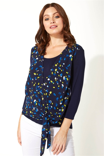 Navy Wrap Over Abstract Print Tie Top