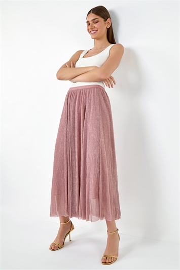 Pink A-Line Shimmer Stretch Midi Skirt