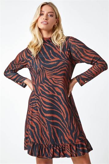 Brown Tiger Print Frill Hem Mesh Dress