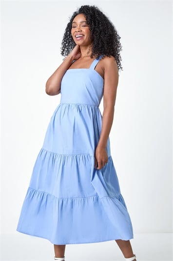 Blue Petite Tiered Cotton Shirred Midi Dress