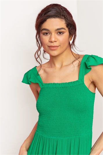 Green Shirred Bodice Frill Detail Midi Dress, Image 4 of 4