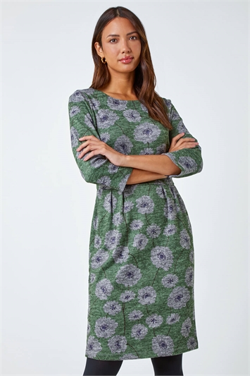 Green Floral Print Pocket Stretch Dress
