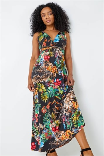 Black Petite Sleeveless Tropical Maxi Stretch Dress