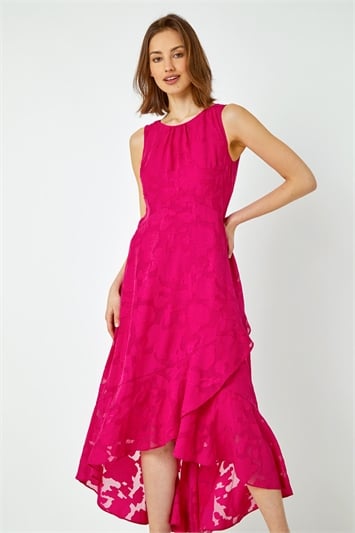 Pink Sleeveless Jacquard Dipped Hem Midi Dress