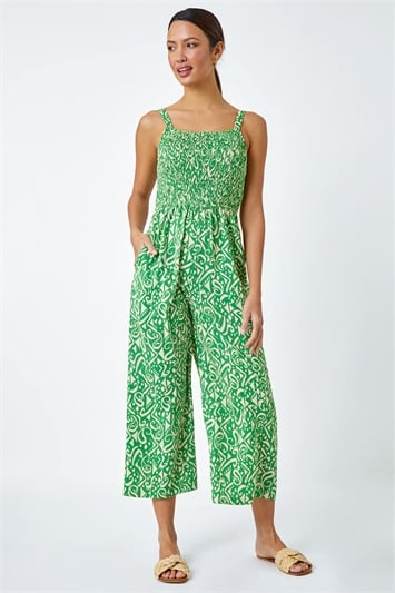 Green Aztec Print Crop Shirred Jumpsuit