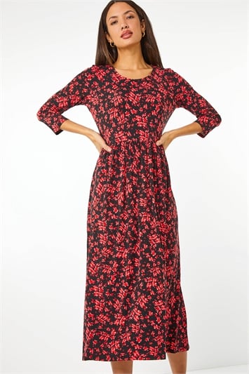 Red Ditsy Floral Stretch Midi Dress