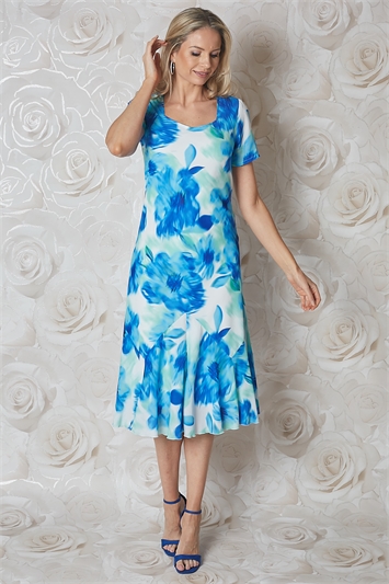 Blue Julianna Floral Bias Cut Midi Dress