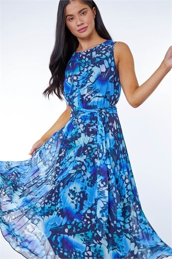 Blue Petite Abstract Print Pleated Chiffon Dress