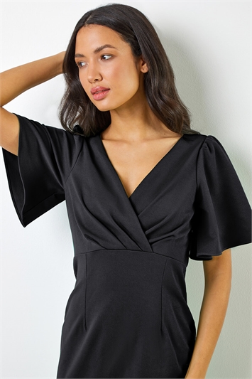 Black Gathered Wrap Front Midi Dress, Image 5 of 5