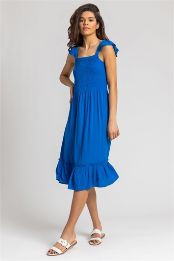 Royal Blue Shirred Bodice Frill Detail Midi Dress, Image 3 of 5