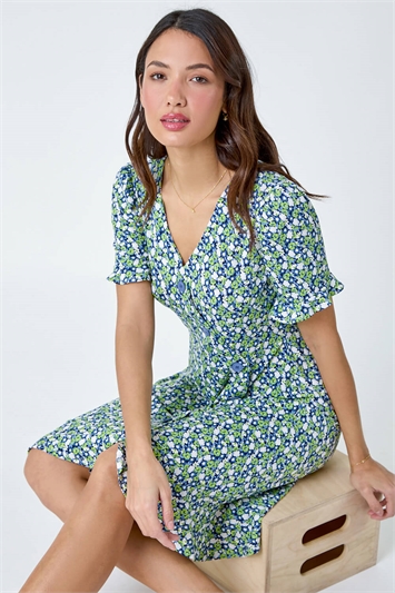 Green Ditsy Floral Side Button Dress