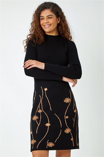 Black Ribbed Knit Floral Stretch Dress