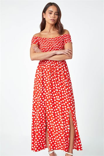 Red Petite Polka Dot Bardot Midi Dress