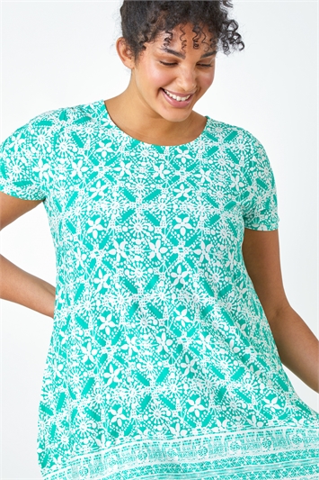 Green Curve Tile Print Stretch Tunic Top