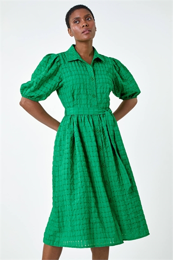 Green Textured Puff Sleeve Midi Shirt Dress