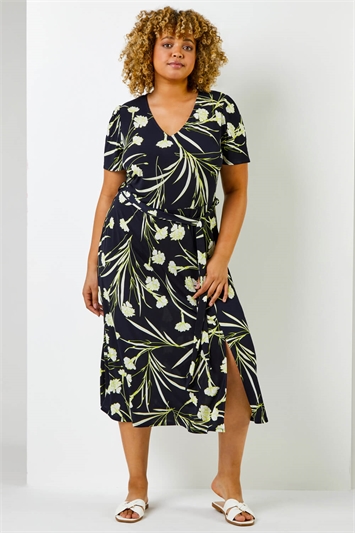 Navy Curve Floral Print Fit And Flare Midi Dress, Image 3 of 5
