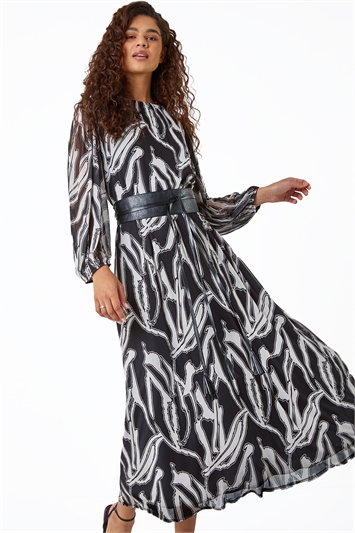 Black Abstract Print Belted Midi Stretch Dress