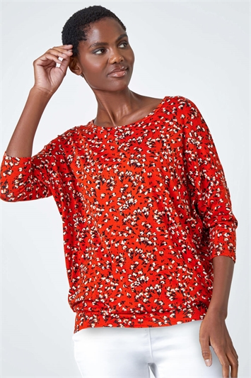 Red Ditsy Floral Stretch Blouson Top