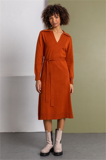 Rust Collared Belt Detail Knitted Dress, Image 3 of 5