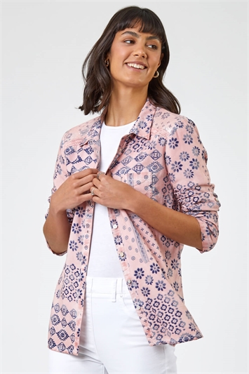 Light Pink Mixed Geo Print Lace Detail Shirt, Image 1 of 5