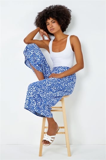Blue Ditsy Floral Print Culotte Trousers