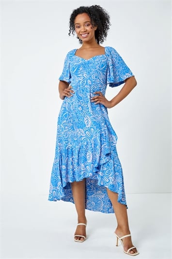 Blue Petite Floral Print Ruched Midi Dress