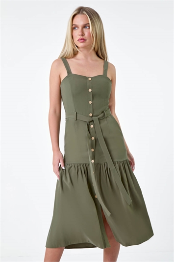 Brown Petite Button Front Tiered Midi Dress