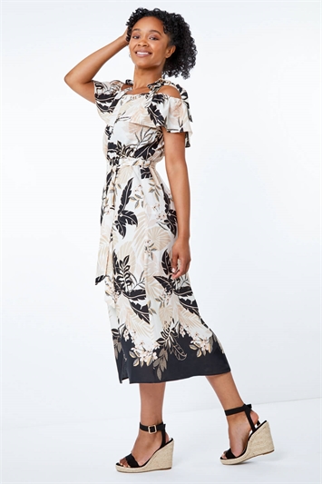 Beige Petite Tropical Print Frill Detail Midi Dress , Image 3 of 5