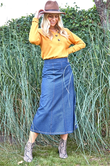 Indigo A-Line Stretch Midi Skirt