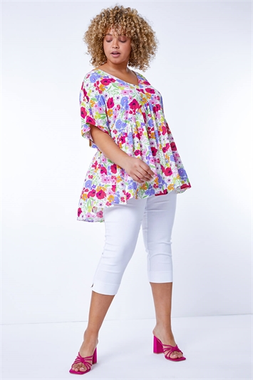 Ivory Curve Floral Gathered Smock Top, Image 4 of 5