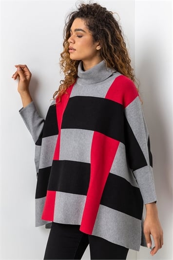 Red One Size Colourblock High Neck Poncho