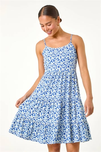Blue Petite Ditsy Floral Tiered Stretch Dress