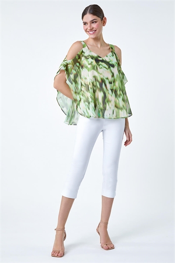Green Abstract V-Neck Cold Shoulder Overlay Top