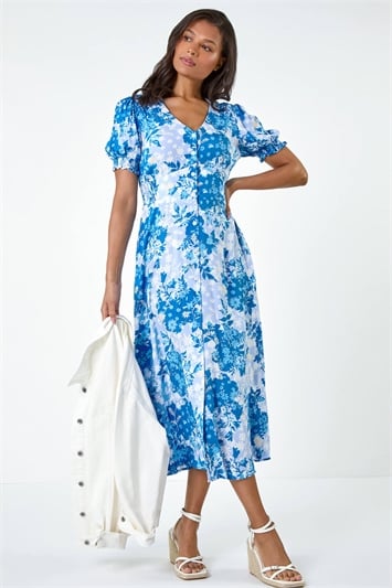 Blue Button Through Floral Shirred Midi Dress