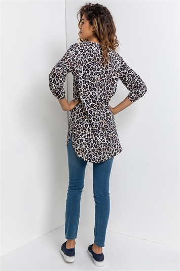 Blue Longline Button Detail Animal Print Top, Image 2 of 5