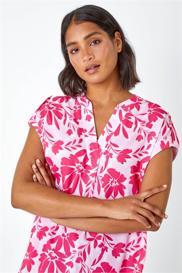 Pink Floral Print Pleat Front Top