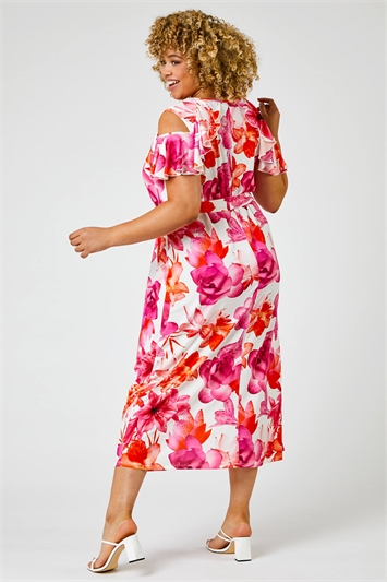 Fuchsia Curve Floral Print Cold Shoulder Maxi Dress, Image 2 of 5
