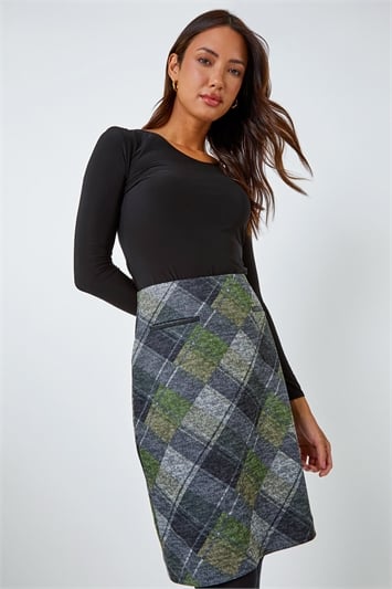 Green Elastic Waist Check Print Pocket A Line Skirt