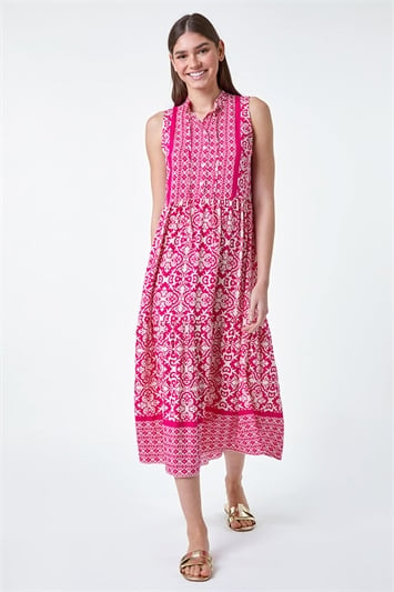 Pink Geometric Border Print Midi Dress