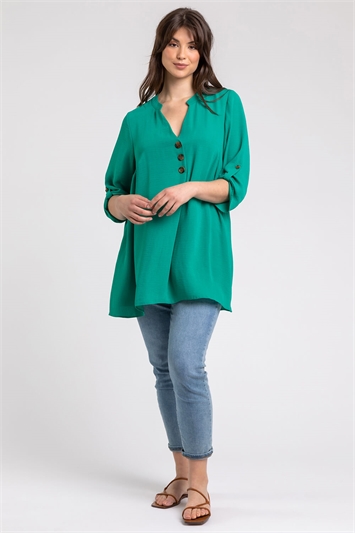 Green Curve Button Detail Tunic Top, Image 3 of 4
