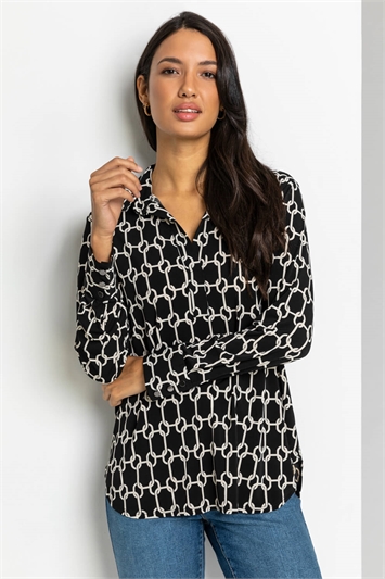 Multi Chain Print Long Sleeve Collared Jersey Blouse