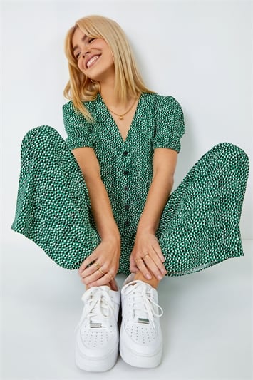 Green Polka Dot Print Culotte Jumpsuit