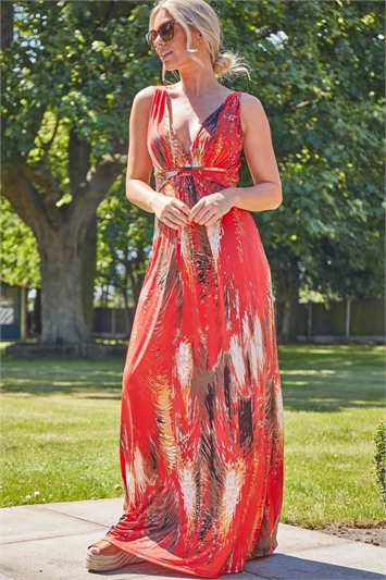Orange Abstract Print Stretch Jersey Maxi Dress, Image 1 of 2