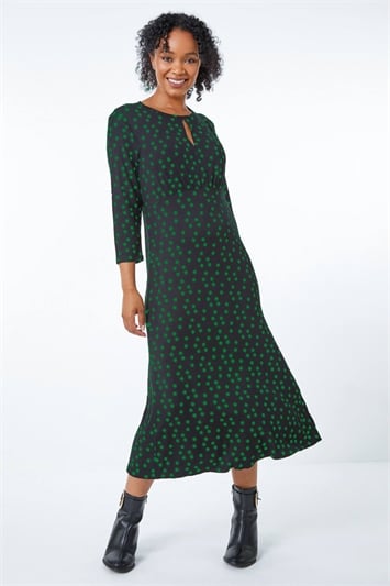Green Petite Spot Print Keyhole Midi Dress