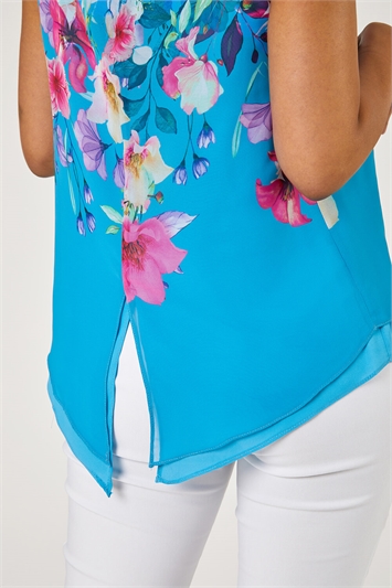 Turquoise Petite Floral Print Chiffon Overlay Top, Image 5 of 5