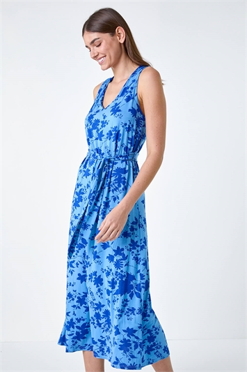 Blue Floral Tie Detail Stretch Midi Dress