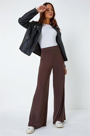 Brown Wide Leg Stretch Trousers