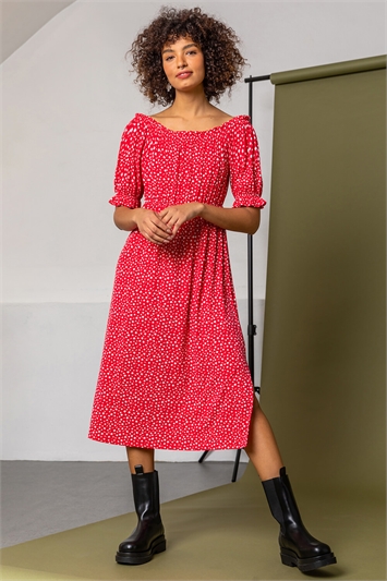 Ditsy Floral Bardot Midi Dress in Red 