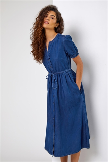 Blue Puff Sleeve Denim Belted Midi Dress